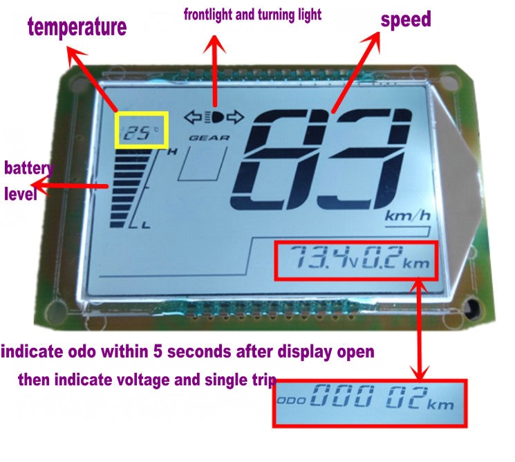 speedometer electric bike scooter LCD display 48v60v72v with speed battery level indicator turning signal white blue background
