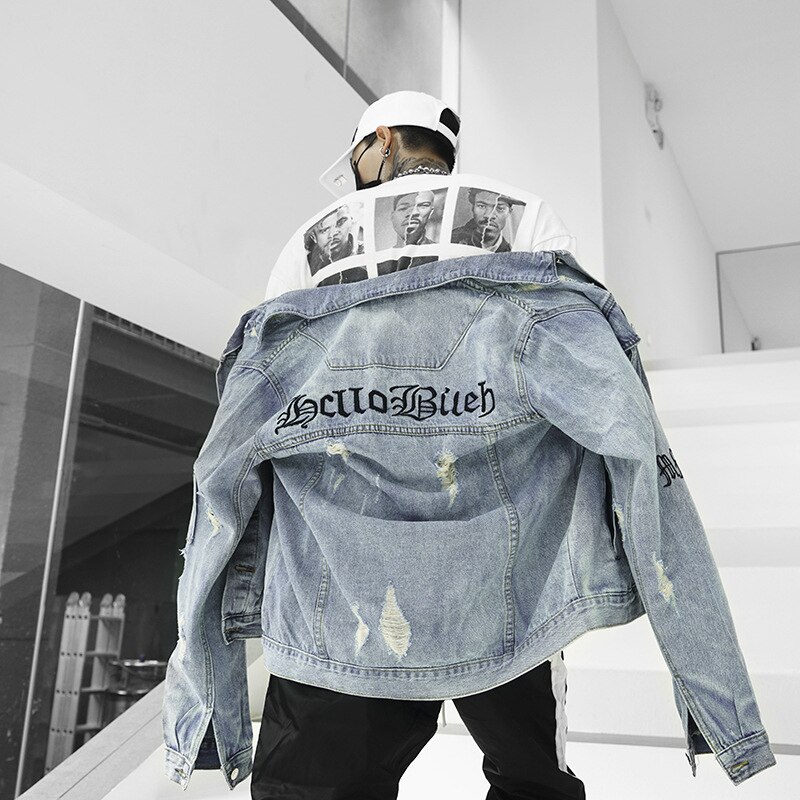 Mens Graffiti Denim Jassen Streetwear Hip Hop Casual Patchwork Ripped Verontruste Punk Rock Jeans Jassen Uitloper