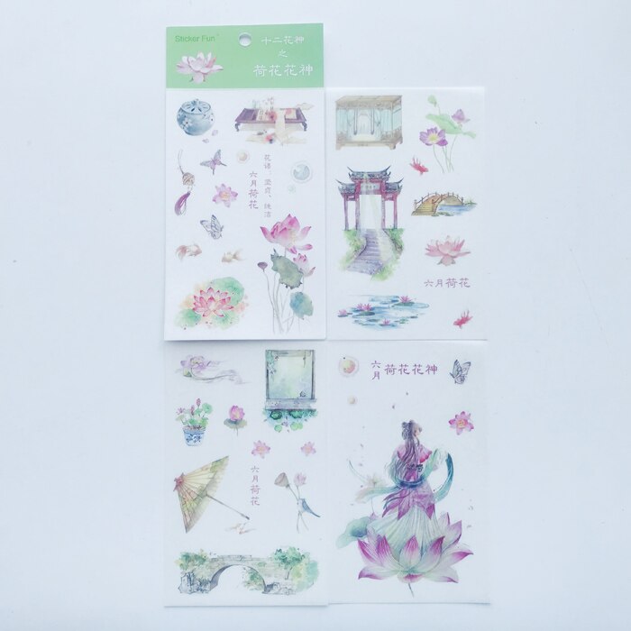 4 ark / pakke blomstergud serien griller og blomsterklistremerker selvklebende håndverksdekor telefon notatbok dagbok dekorativt studentpapir: F