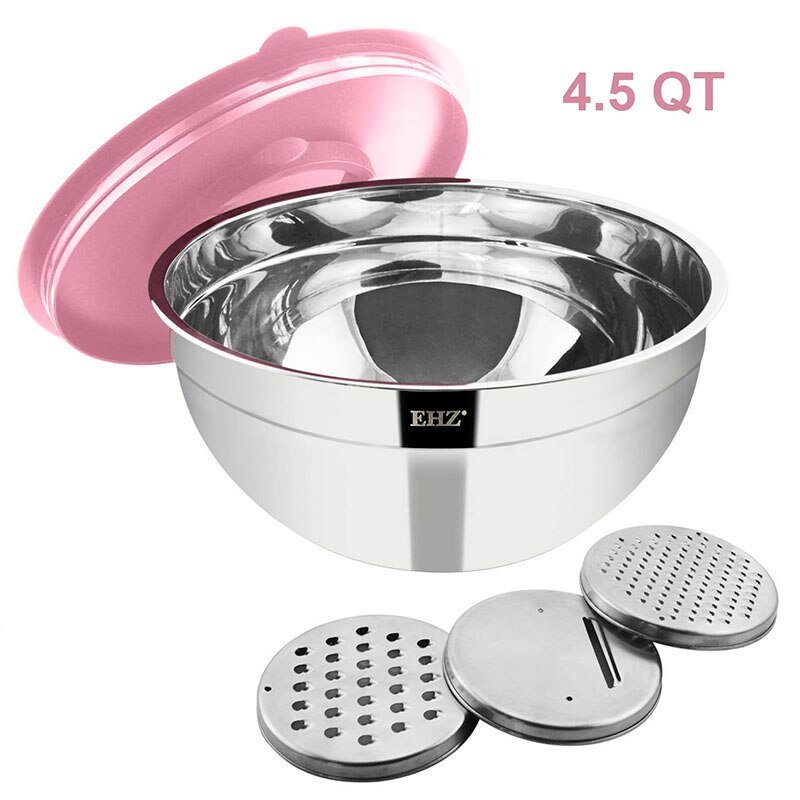 Mixing Bowl Stainless Steel Salad Mixer Bowl 4.5QT with Lid and 3 Grater Attachments for Kitchen Cooking Baking &amp; Food Container: Pink - 5 pcs