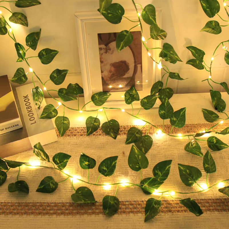 Guirnalda de luces de hojas verdes, hiedra Artificial, vid, guirnalda de luces de hadas, decoración para de boda, planta colgante de pared de habitación para el hogar y Navidad