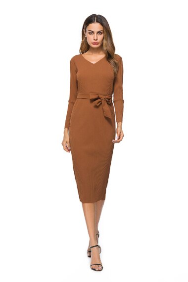 Zioksy Herfst Winter Casual Vrouwen Gebreide Kantoor Jurk Bow Belted Elegante Jurk Vrouwen V-hals Knielengte Schede Bodycon Jurk: Khaki / XL