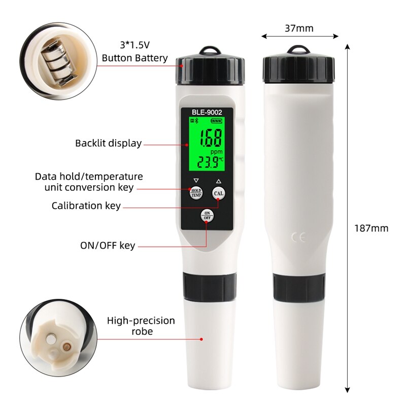 H2/TEMP Meter 0-2990 Ppb Blue Tooth-Compatible Mobile APP Real-Time Monitoring Hydrogen Lon Water Monitor Tester