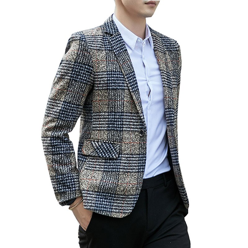 Rutig herr kavaj höst terno masculino casual business enknapps slim fit khaki grå kostymer jacka herr kavaj homme