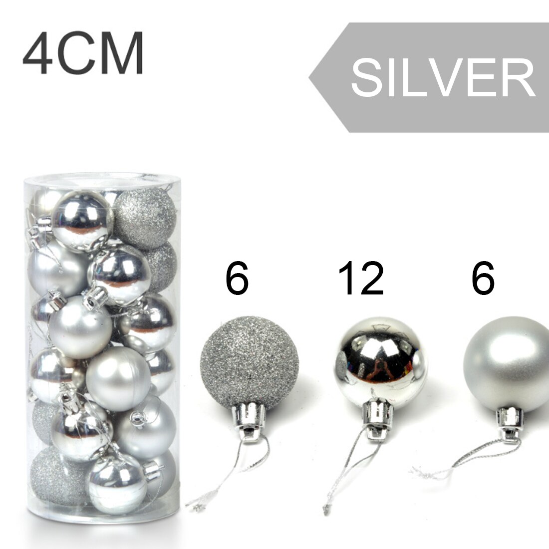 Boules d'arbre de noël moderne mignonnes 24 pièces 4cm | Ornement suspendu pour fête de noël mariage, fournitures de décoration de noël: 24pcs silver