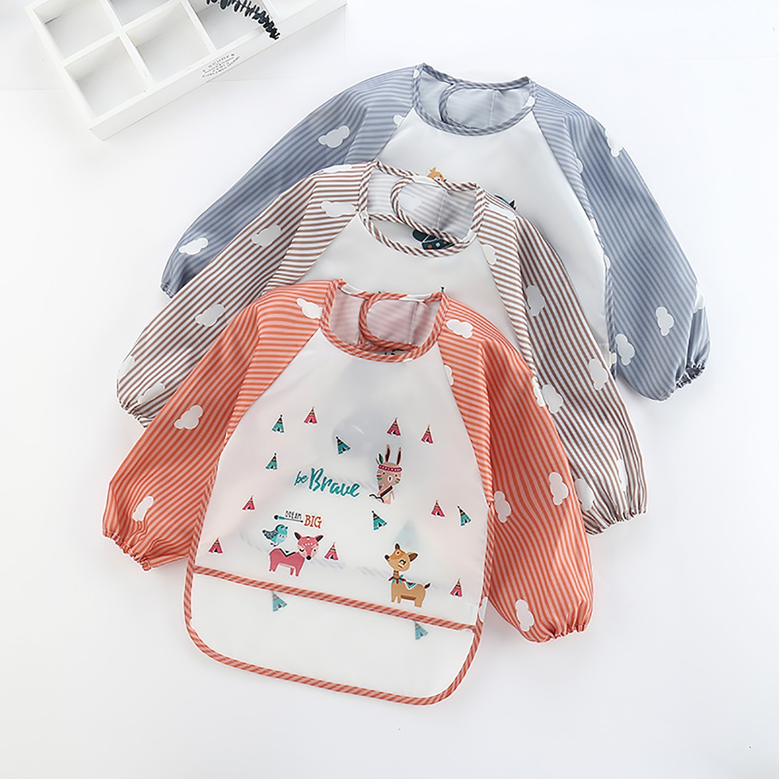 3pc natal elk impressão bib bebê impermeável de manga comprida listrado anti-vestindo dos desenhos animados bib invertido vestido de chuveiro de bebê presentes