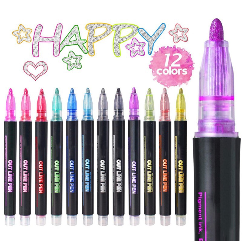 1/8/12 Outline Metallic Markers Pens Double Line Shimmer Paint Pens For Kids Adults DRAWING Art Signature Coloring Journal