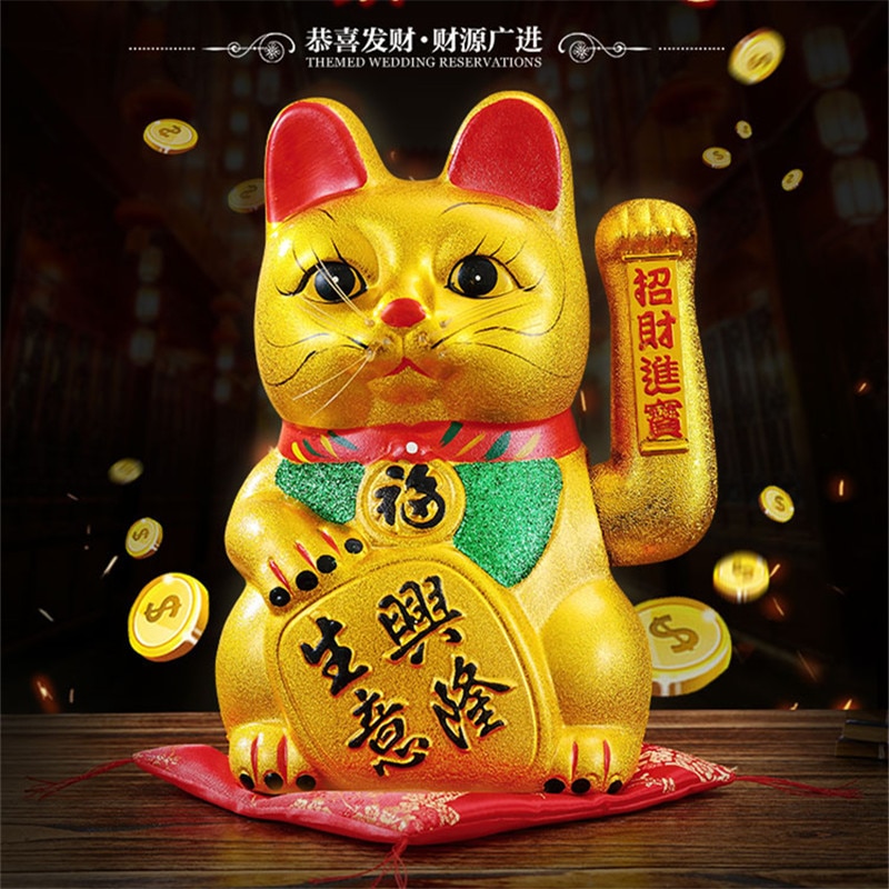 Cute 7inch Gold Ceramic Lucky Cat Figurines Feng Shui Wealth Ornaments Electric waving Shaking Hands Home Decoration Accessories