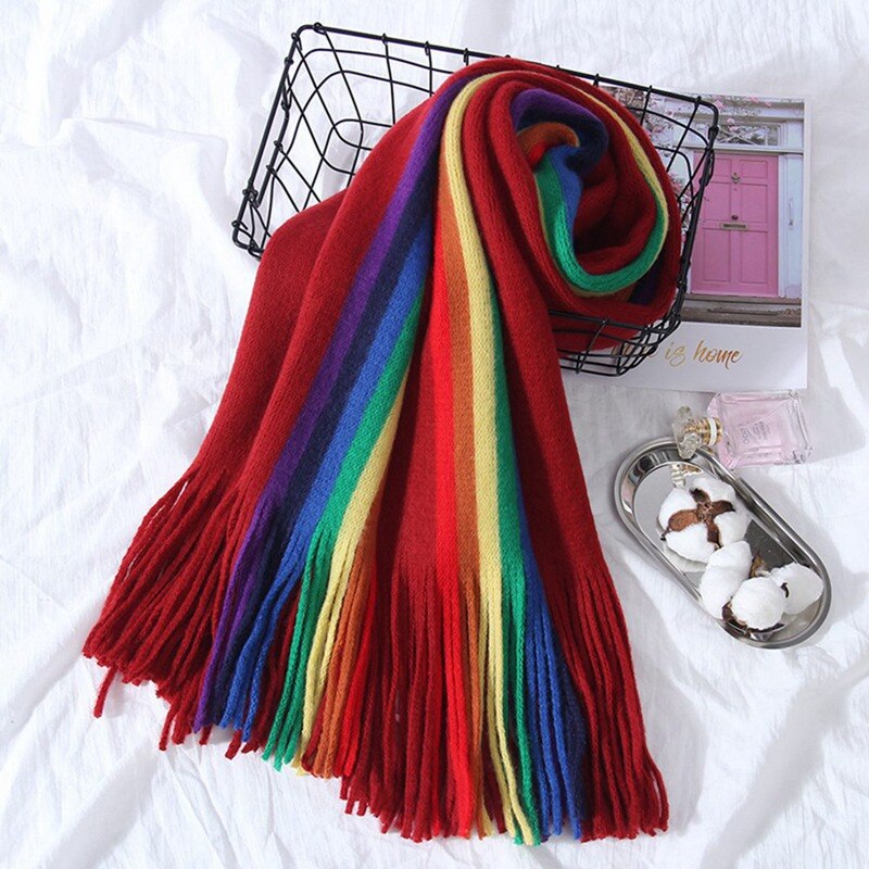 Chal bufanda de gran tamaño a rayas LGBT arco iris para mujer con borlas envolturas de Manta abrigadas de invierno 190*40cm