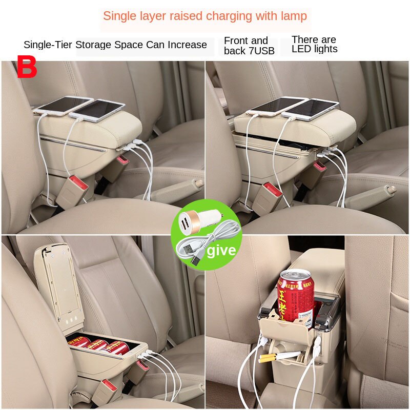Universal Car Armrest central Universal model armrest box car accessories storage box modification Retrofit parts with USB LED: B4 LED Beige 7USB