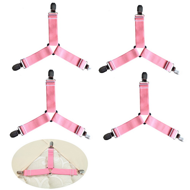 4pcs/set Elastic Bed Sheet Clips Suspenders Straps Adjustable Heavy Duty Grippers For HomeA: pink
