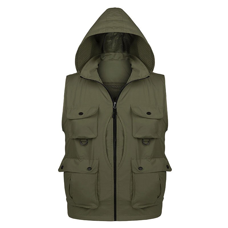 Quick Drying Photography Reporter Vest For Male Removable Back Multi Pockets Hooded Waistcoat Hiking Fishing Jackets Size L-XXXL: Army Green / XL