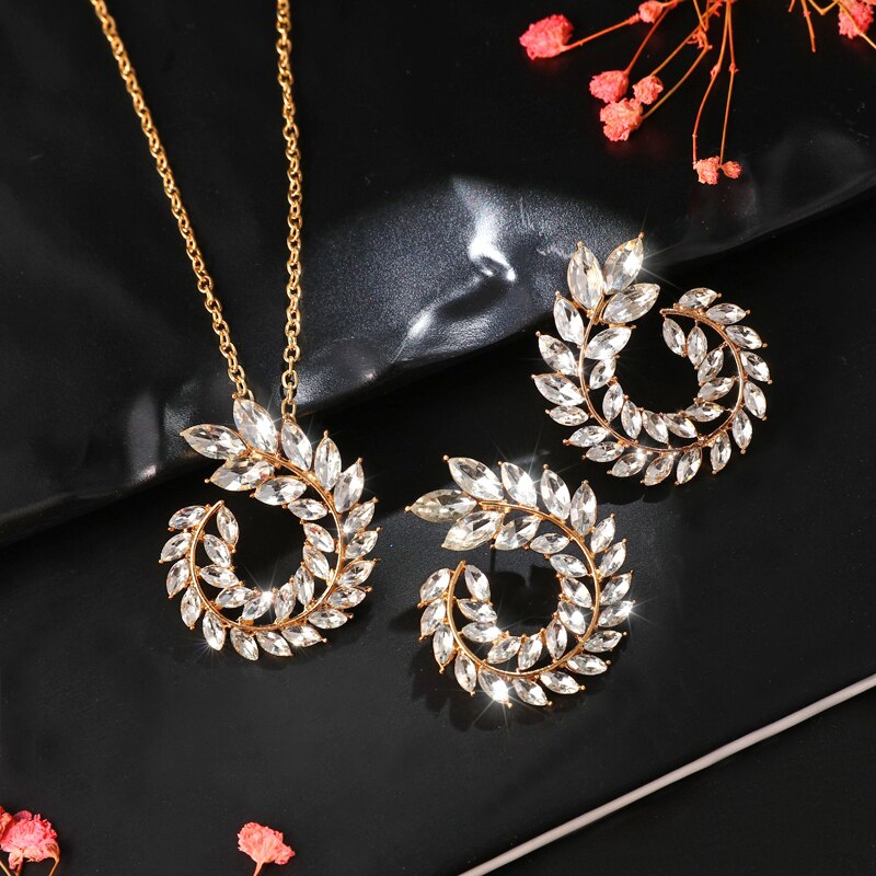 Wedding Jewelry Sets Green Rhinestone Crystal Necklaces For Women Gold Color Round Circle Stud Earrings