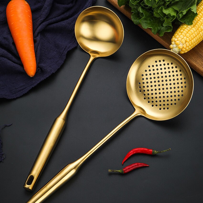 Luxury Golden Stainless Steel Kitchenware Cooking Tools With Storage Rack Kitchen Utensils Set Non-stick Cookware Spatula Spoon
