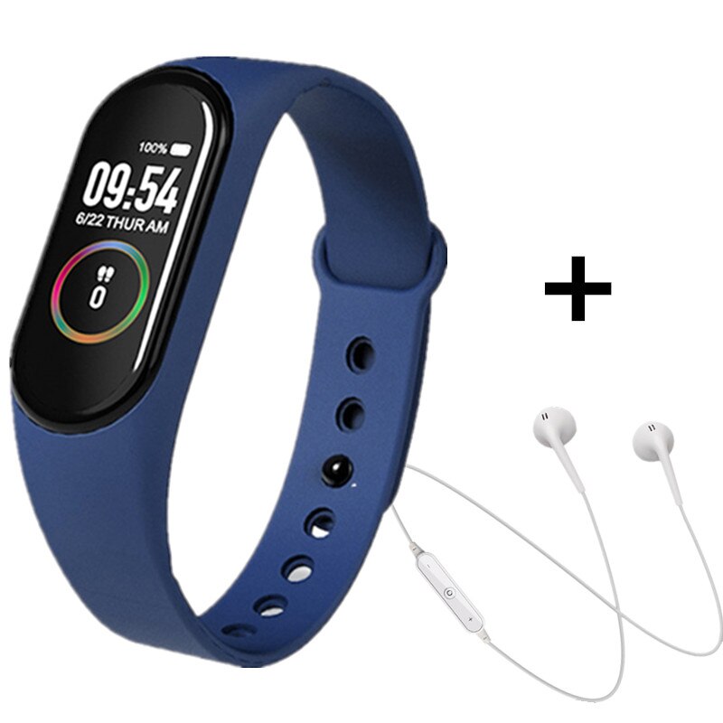 M4 smart band hjertefrekvens blodtryksmåler smart armbånd fintness aktivitet trackeer smart armbåndsur med øretelefon: Blå hvid