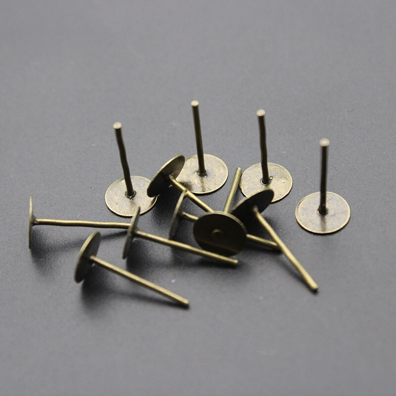 Lot de broches de boucle d'oreille vide, plaqué or argent, 4, 6, 8, 10mm, plateau rond plat, pour étude de bijoux à faire soi-même, 200 pièces/lot