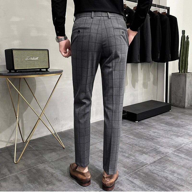 Men's Suit Pants Classic Plaid Business Formal Dress Pant Streetwear Casual Slim Wedding Groom Social Trousers