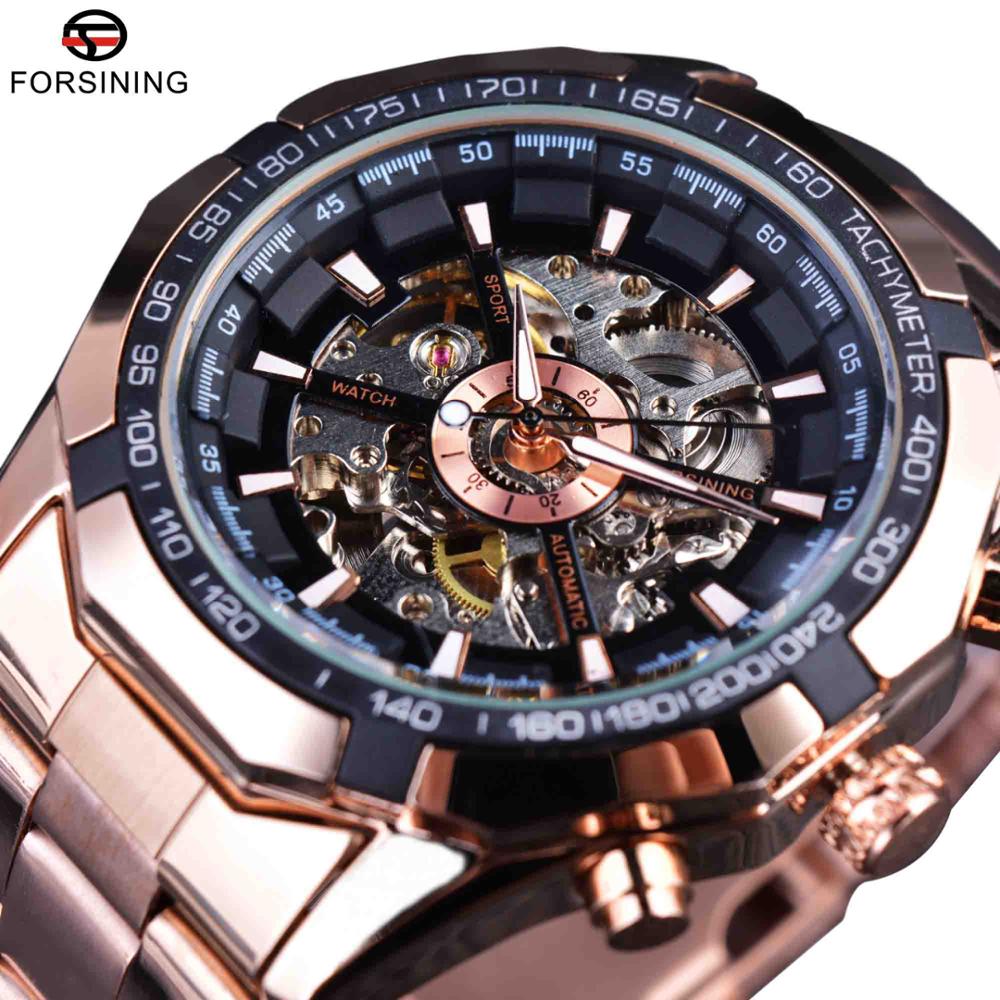 Forsining Horloge + Armband Set Combinatie Zilver Rvs heren Skeleton Transparante Mechanische Mannelijke Horloges Klok: Rosegold