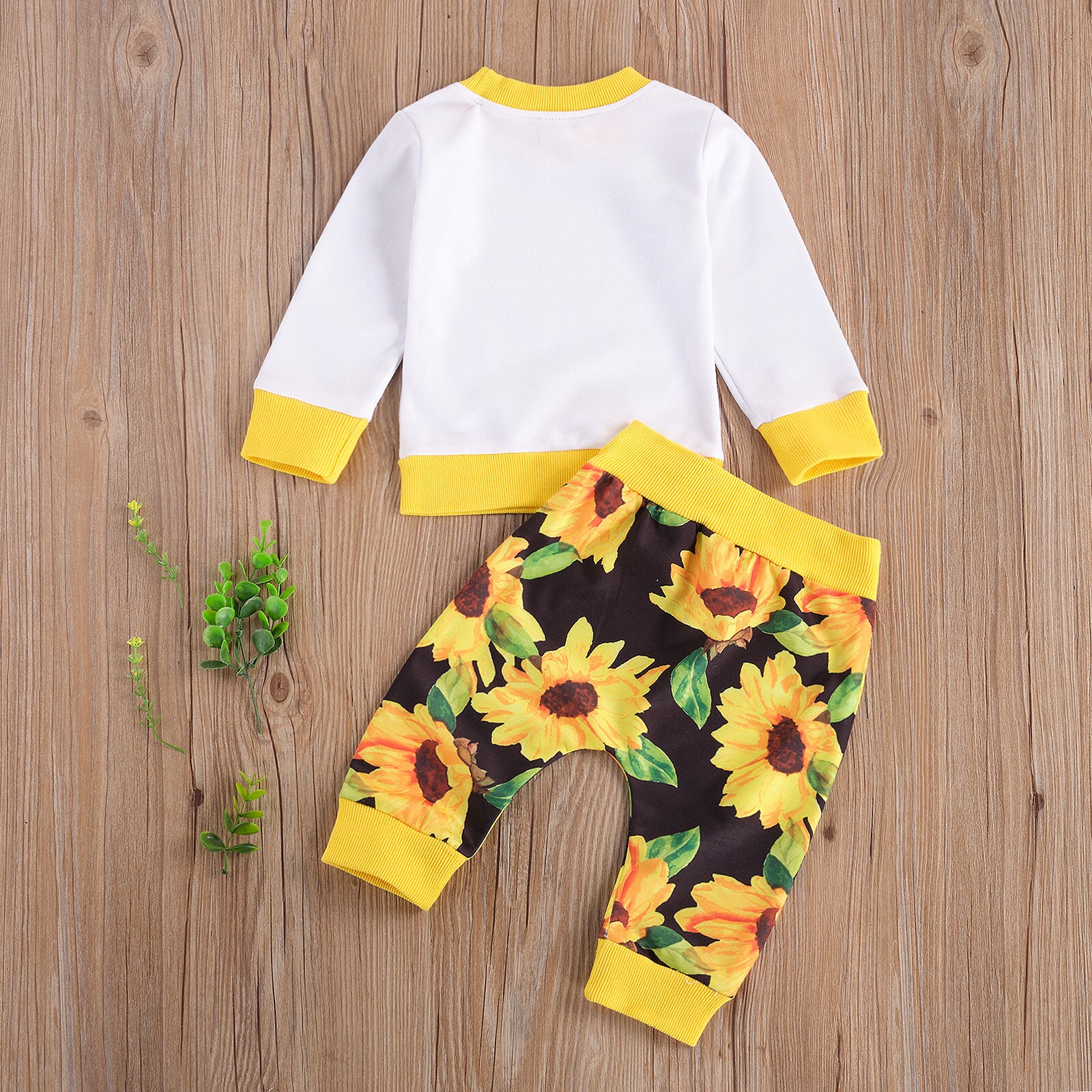 Meisje Tweedelige Set, Kinderen Kleuraanpassing Draad Gezoomd Shirt Crew Neck Top Zonnebloem Print Broek
