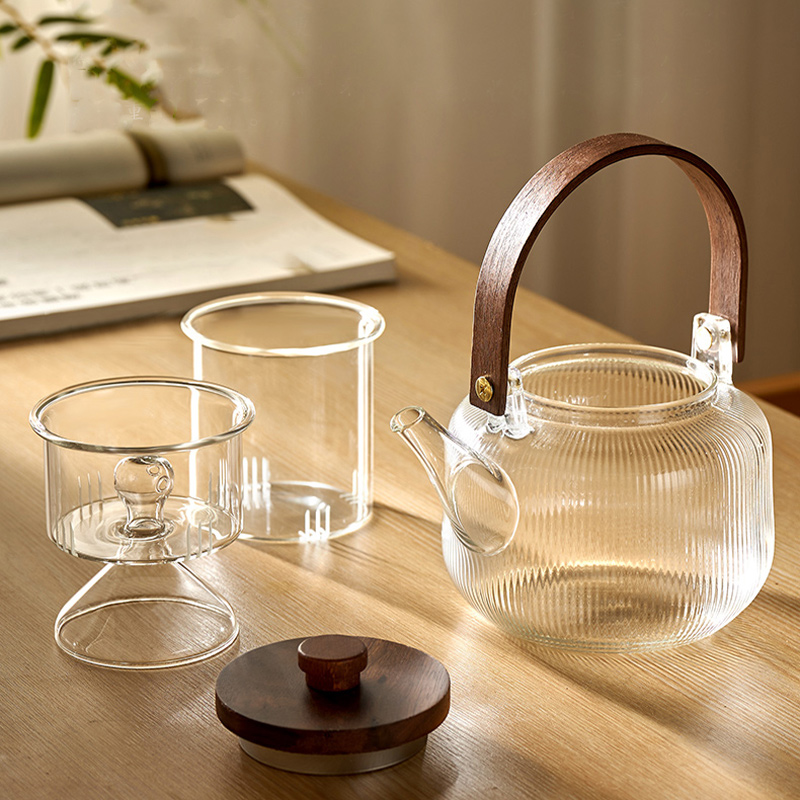 GIANXI Chinese Tea Set Wooden Handle Wooden Cover Glass Teapot Stainless Steel Filter Steaming Tea Set Transparent Teapot Tray