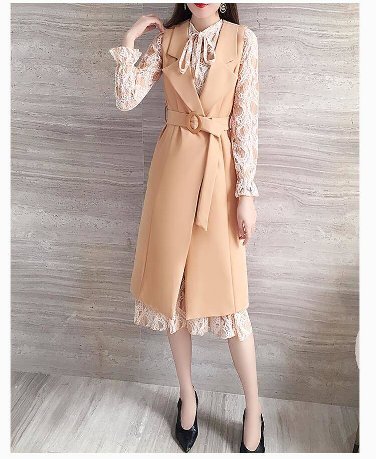 Spring Two Piece Set Women Clothes Full Sleeve Slim Lace Dress And Sleeveless Long Coat With Belt Vogue OL Style Suit: S