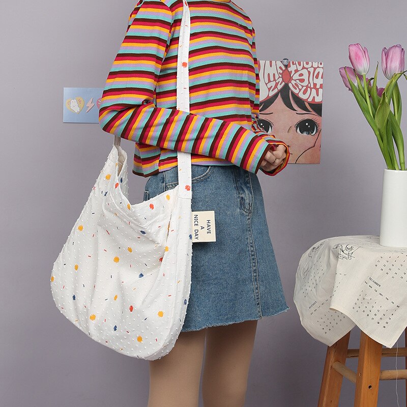 Polka Dots Women Canvas Bag Colorful Print Shoulder Bags Large Capacity Plush Dot Cloth Messenger Bags Shoulder Bag For Ladies