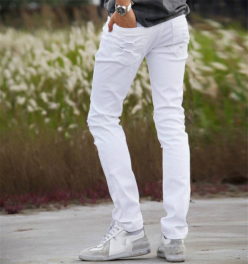 European and American white ripped jeans super skinny Japanese men ragged jeans