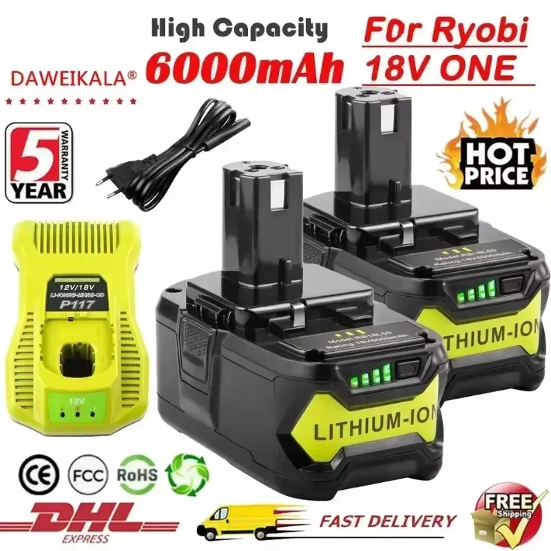 Original RYOBI 18V 6.0Ah 12.0Ah lithium battery+charger, compatible with P108/P104/P107 power tools RB18L50/RB18L20 battery pack