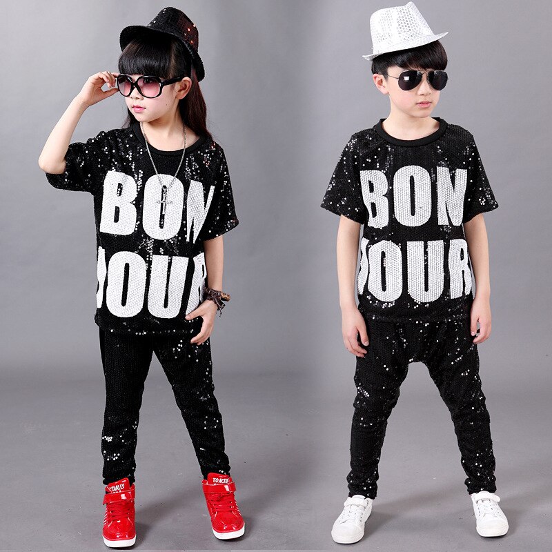 Boy Girl Hip Hop Dance Wear Mordern Jazz Hip-Hop Top &amp; Harem Pants Child Hip Hop Dance Costumes: black / S