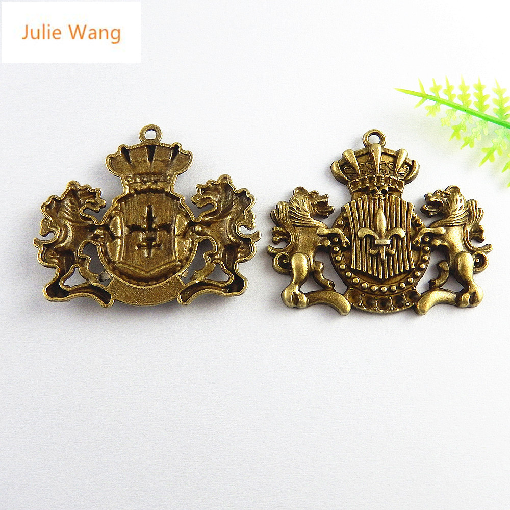 Julie Wang 5PCS Antique Bronze Lion Guardian Badge Charms Pendants Jewelry Making Necklace Key Chains Accessory