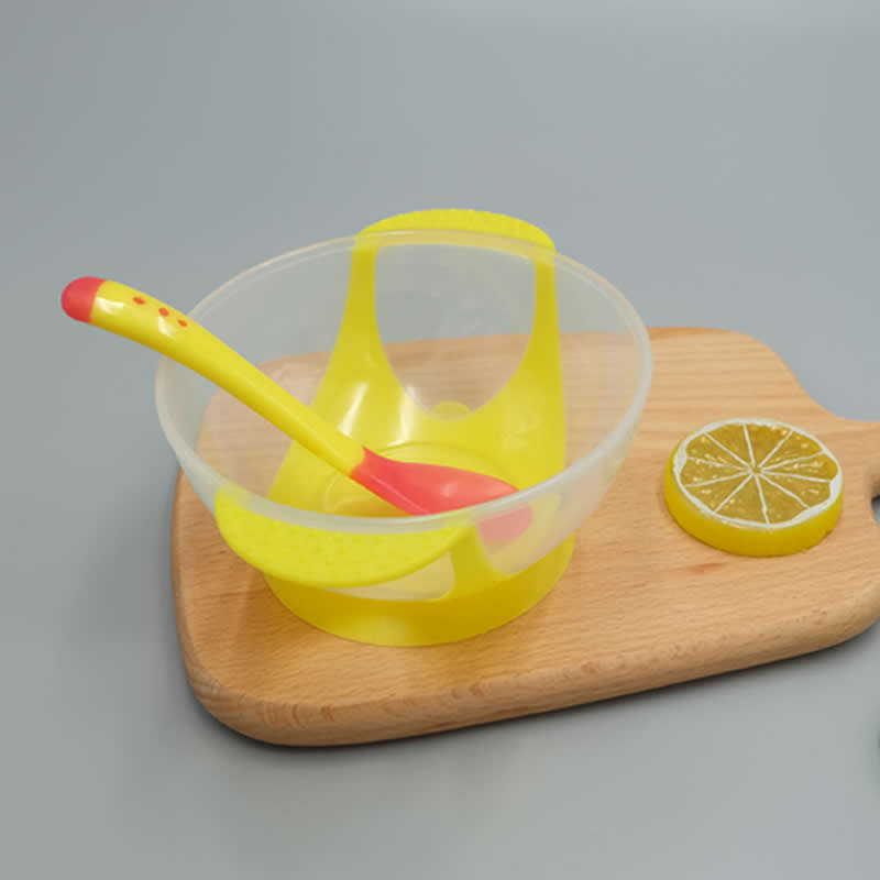 Baby Tableware Dinnerware Suction Bowl with Temperature Sensing Spoon baby food toddler boy girl dinner Feeding Bowls dishes: yellow spoon