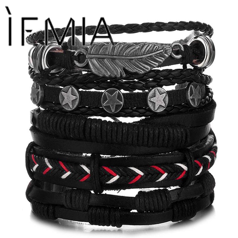 IFMIA-Conjunto de pulseras de cuero Vintage para hombre y mujer, brazalete de piel con varias hojas de búho, joyería de ,