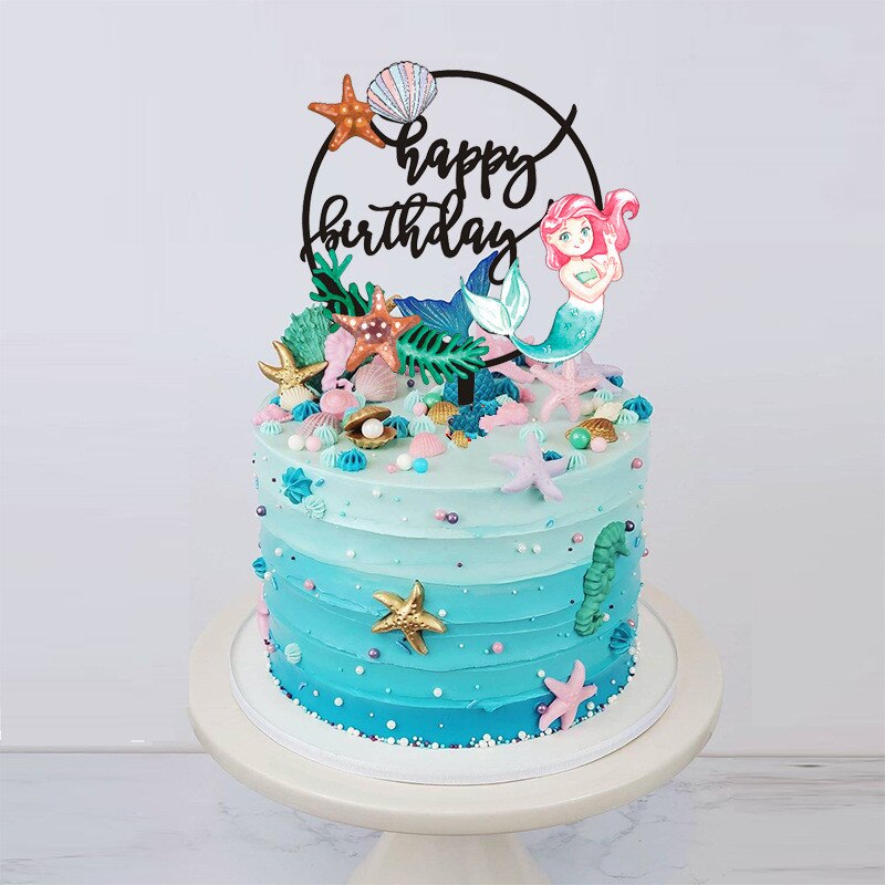 Färgglada ocean style cake topper sjöjungfru tårta topper baby girs brithday party dekoration grattis på födelsedagen akryl: Svart