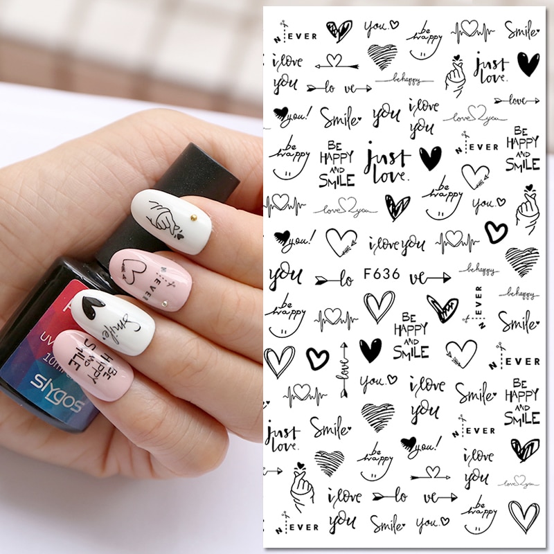 Autocollants 3D auto-adhésifs pour Nail Art, lettres d'amour pour mariage, motif de flèche pour sourire heureux et romantique, pour manucure, 1 pièce
