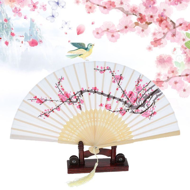 Vintage Chinese Folding Hand Held Fan Japanse Pruimenbloesem Kwastje Zijde Bamboe Wedding Party Dancing Decor