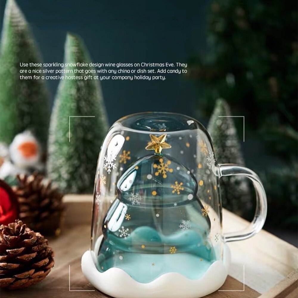 Taza de cristal con tapa para árbol de Navidad, taza de café de vidrio de doble pared resistente al calor con tapa, creativos de Navidad para niñas, 300Ml