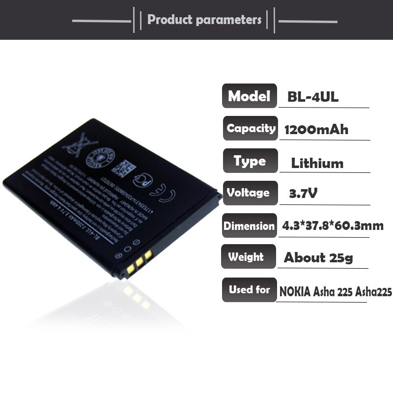 BL-4UL 3.7V 1200mAh Replacement Li-ion Polymer Battery For Nokia Mobile Phone Asha 225 Asha225 RM-1011 RM-1126 RM 1011 1126