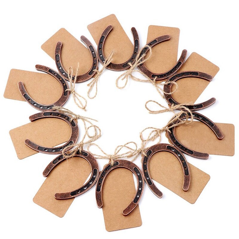 10 pçs boa sorte horseshoe favores do casamento com kraft tags rústico ferradura presentes para decorações de festa de casamento do vintage