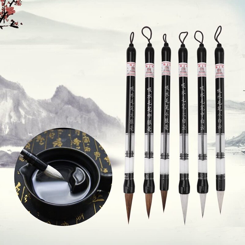 6 Pcs Piston Water Borstel Chinese Japanse Kalligrafie Pen Verstelbare Zuiger (S + M + L), wit En Bruin Borstelkop Pen