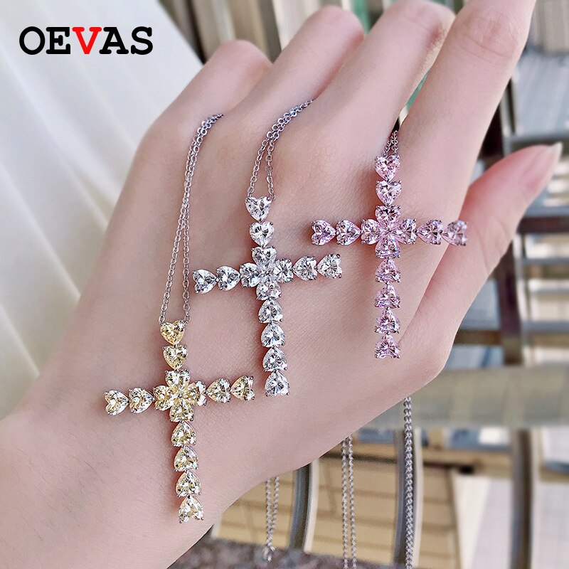 Oevas 100% 925 Sterling silber kreuz 5*5mm hochwertiger kohlenstoffdiamant 18k weißGold plattierte halskette für damen Party feiner schmuck