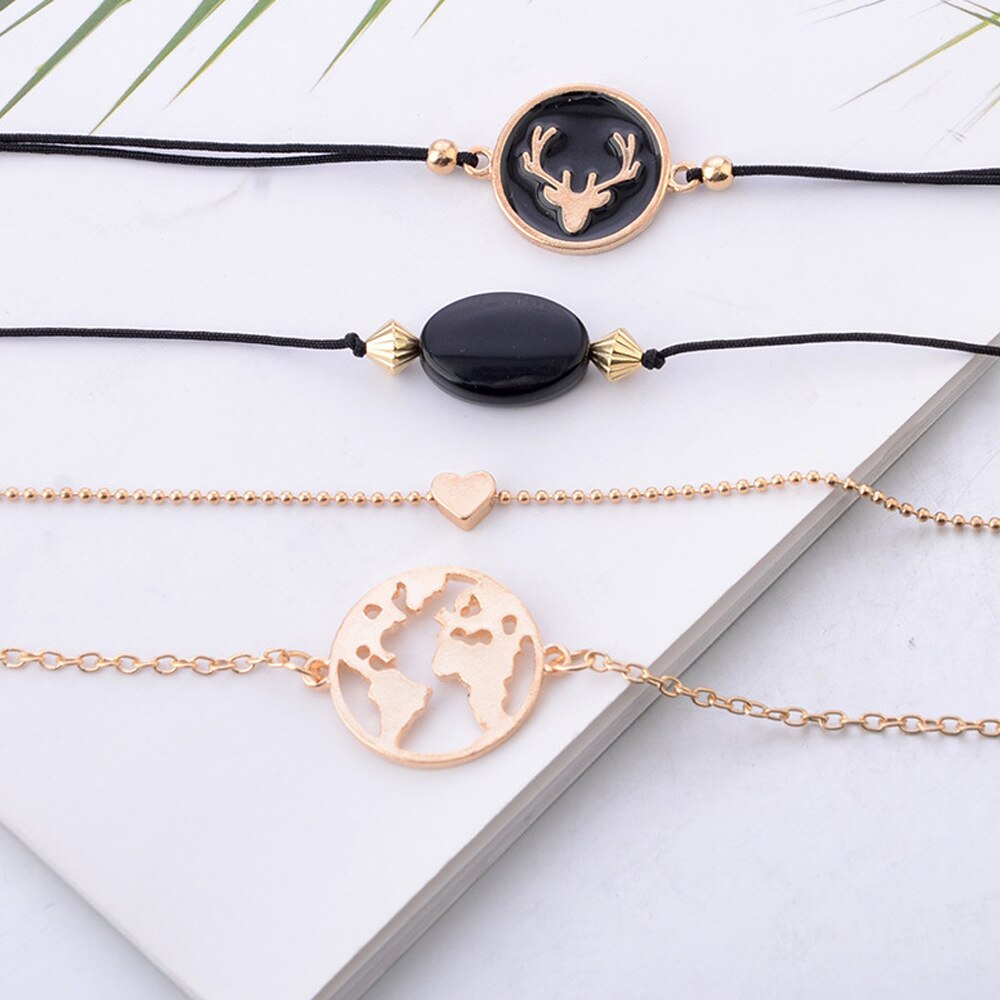 Conjunto de 4 pulseras esmaltadas con cabeza de ciervo para mujer, set de PULSERAS CON ABALORIOS de cabeza de ciervo, cadena de cadena con mapa de piedra negra, de joyería
