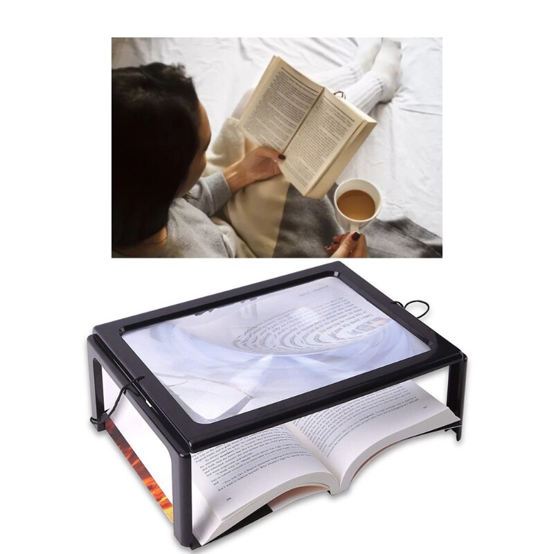 Glass Hands-Free Large Rectangular Desktop Reading Magnifying Glass with 4 LED 3X Magnifier A4 Full Page Magnifying M4YD