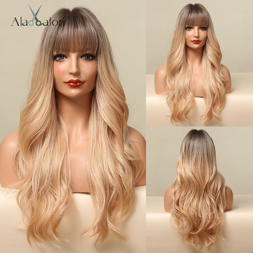 ALAN EATON Ombre Black Brown Long Wave Synthetic Wigs with Full Bangs For Black Women Heat Resistant Fibre Cosplay Party Daily: lc5223-1