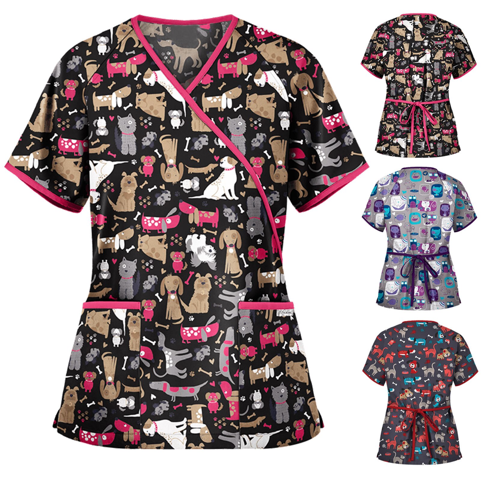 Monos trabajo de peluquería para mujer, uniforme de manicurista con estampado animal, Blusa de manga corta con cuello en V