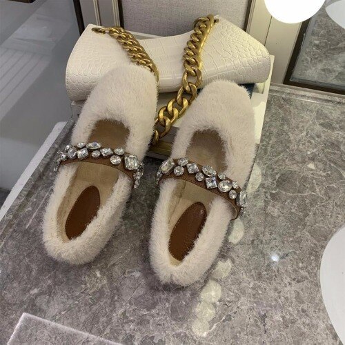 Loafers Bont Casual Vrouw Schoen Ondiepe Mond Ronde Neus Kristal Modis Vrouwelijke Schoeisel Herfst Slip-On Winter Strass Dr