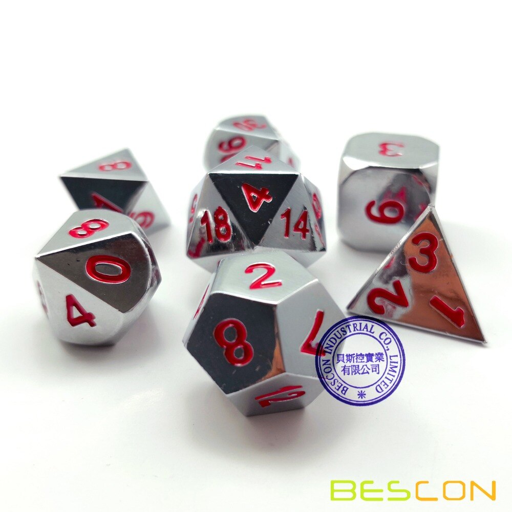 Bescon Zware Shiny Chrome Metal Dice Set Van 7, solid Metallic Chrome Polyhedral Rol Playing Game Dobbelstenen Set W/Rode Cijfers