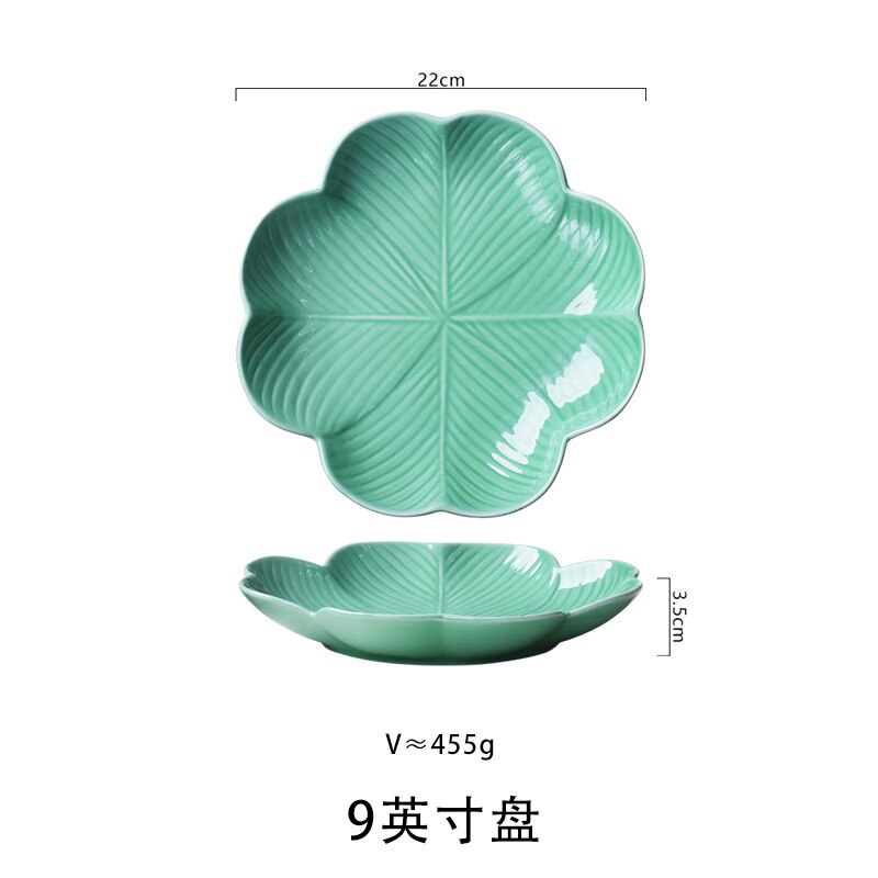 leaf-shaped tableware Home ceramic breakfast plate fruit salad dish net red soup dish deep plate: 9-inch dark green