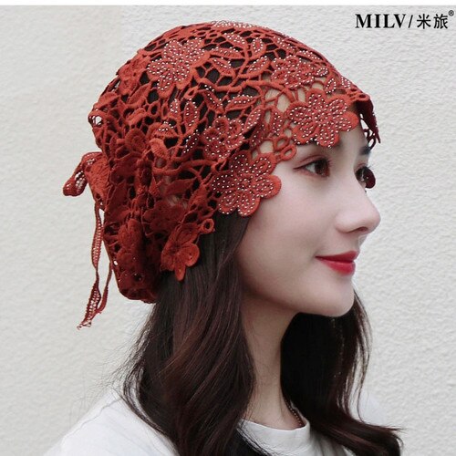 Spring Summer Hats For Women Lace Hollowed Crochet Flower Thin Beanies Skullies Ladies Headgear Turban Hat Female Bonnet: orange