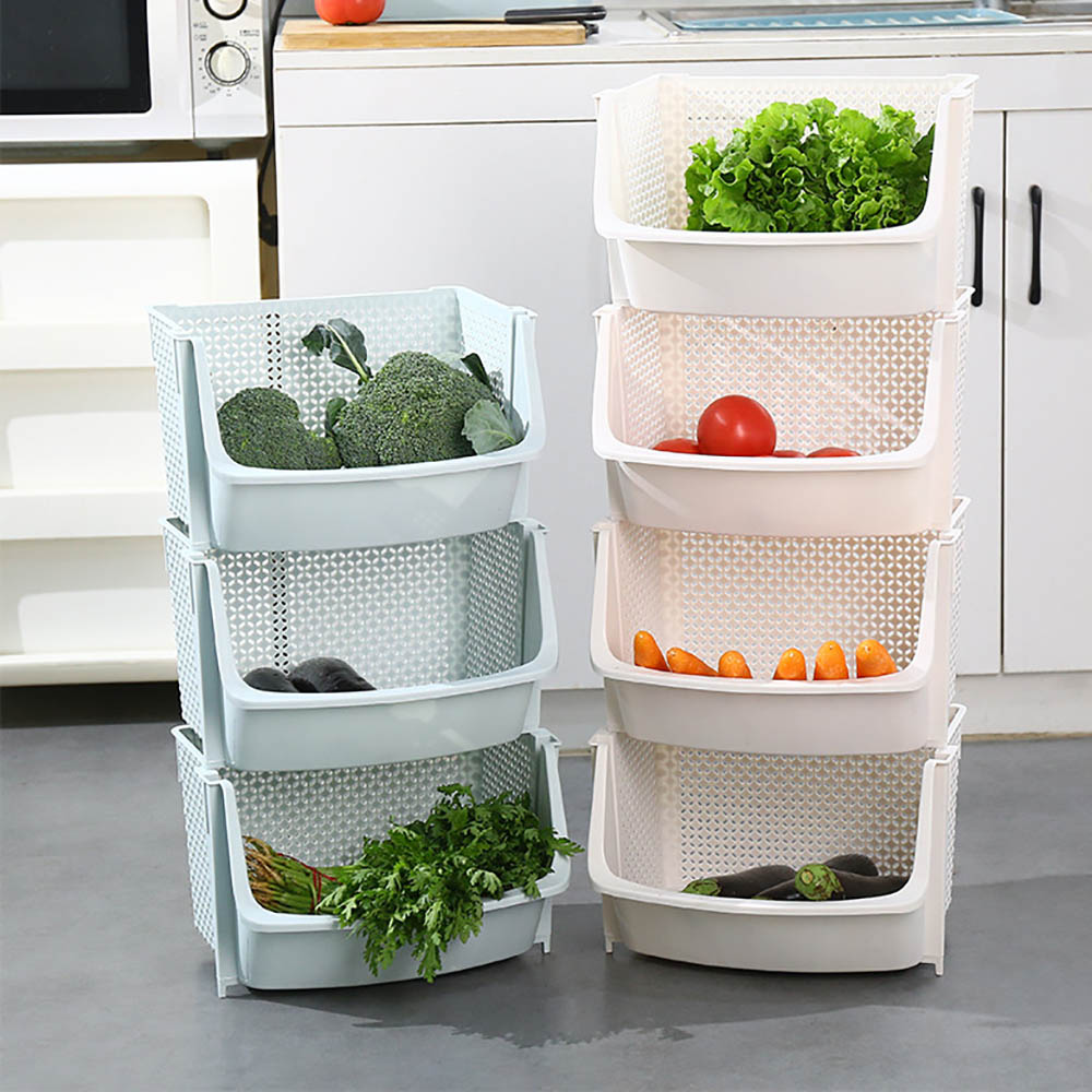 Kitchen Storage Basket Plastic Multi-functional Hollow Vegetables Fruit Racks with Cover Storage Basket for Organizers Stackable