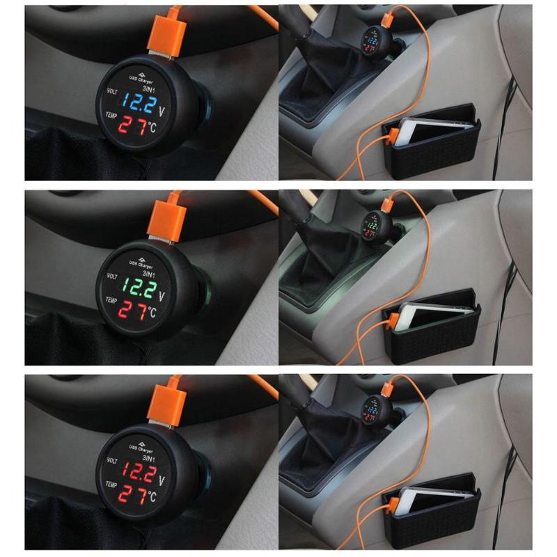 Universal 3 i 1 12/24v bil auto ledet digital voltmeter gauge termometer skærm display usb opladningsoplader til telefon tablet gps